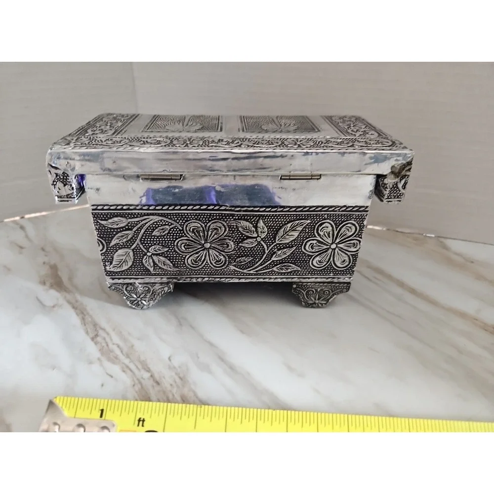 Handmade Silver Tone Metal Trinket Jewelry Box Palm Trees Blue Lining Nautical